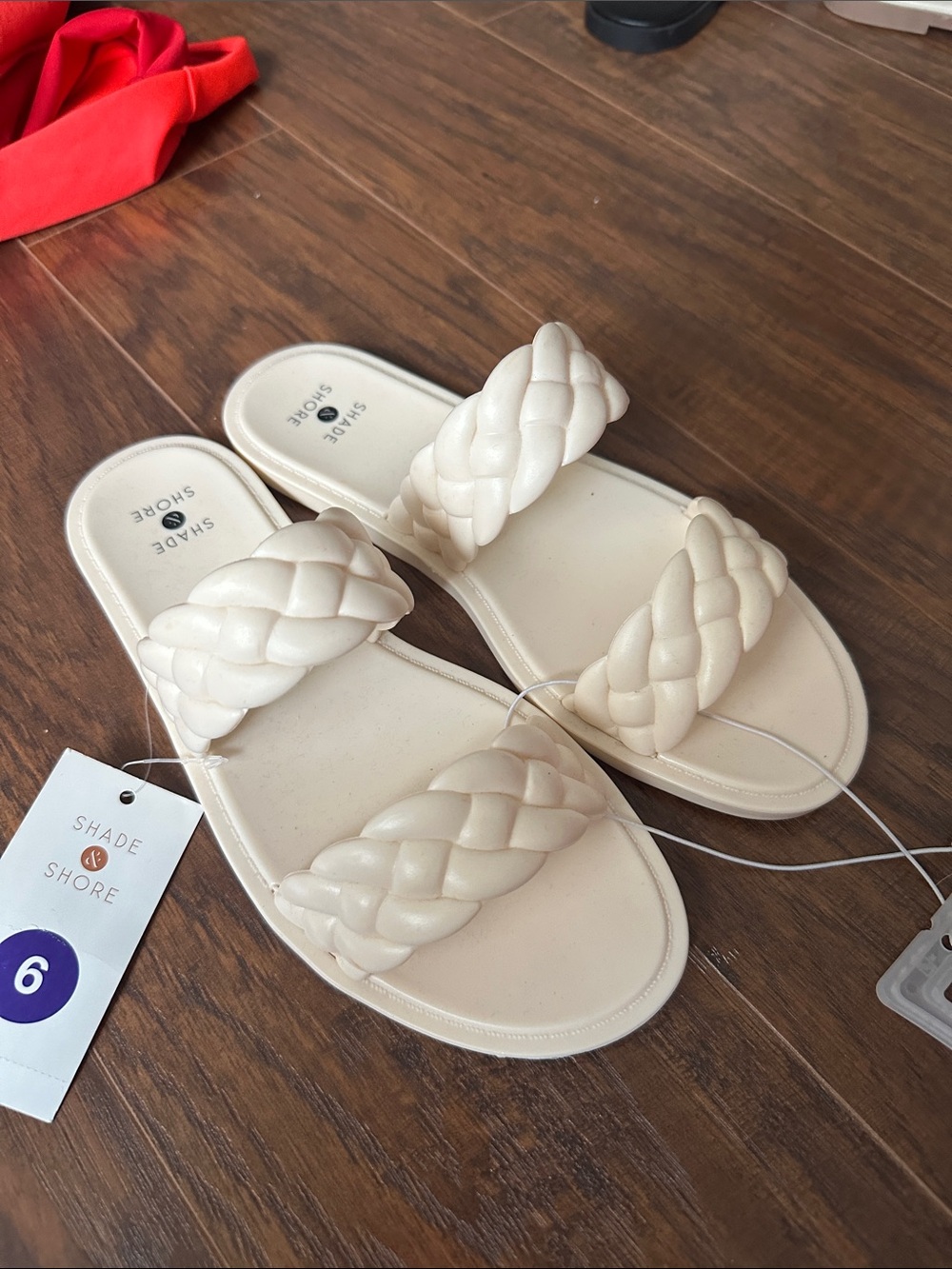 Shade & Shore Women's Cream Braided Double-Strap Slide Sandals